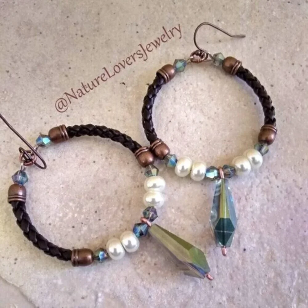 SEXY!!! Boho Hoop Earrings w. Leather, Crystals & Pearls - Total KickA$$ Hoops!